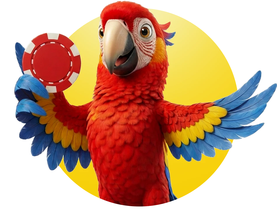 Guacamaya roja con las alas abiertas sosteniendo una ficha de casino